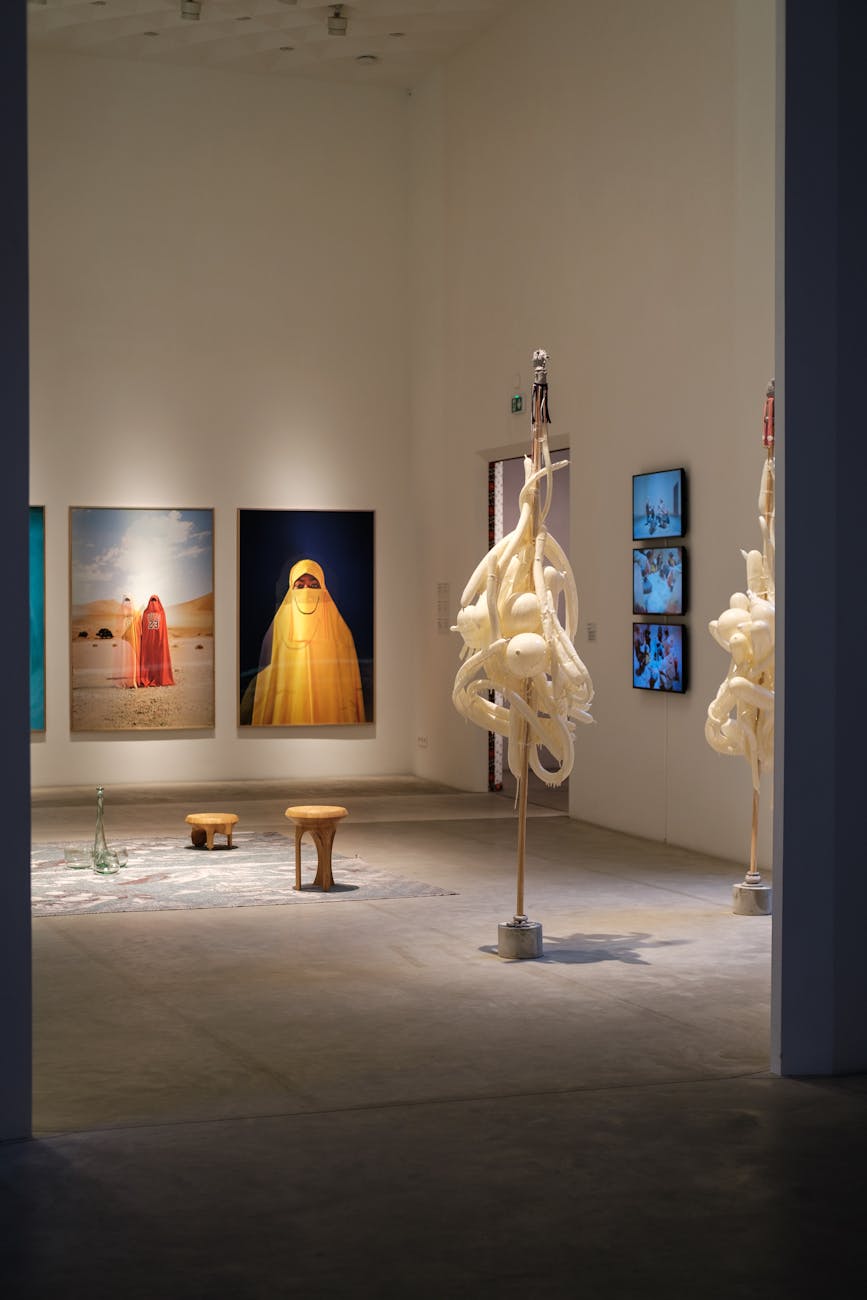 gallery interior with photography and modern sculpture